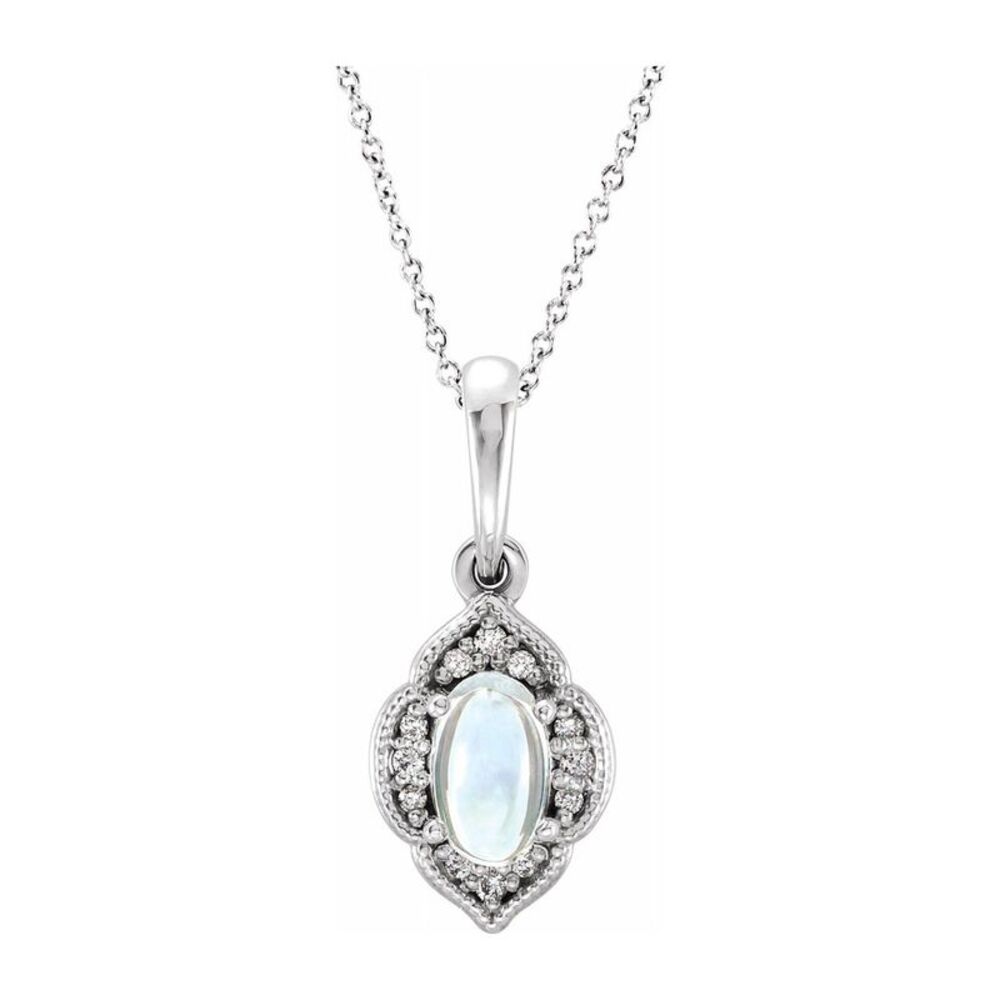 14K White Gold Rainbow Moonstone & Diamond Clover Necklace, 16-18 Inch - Picture 1 of 3